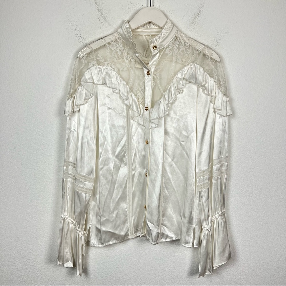 Divine Heritage Satin Lace Inset Ruffle Blouse White Long Sleeve Button Down Top - Picture 2 of 9